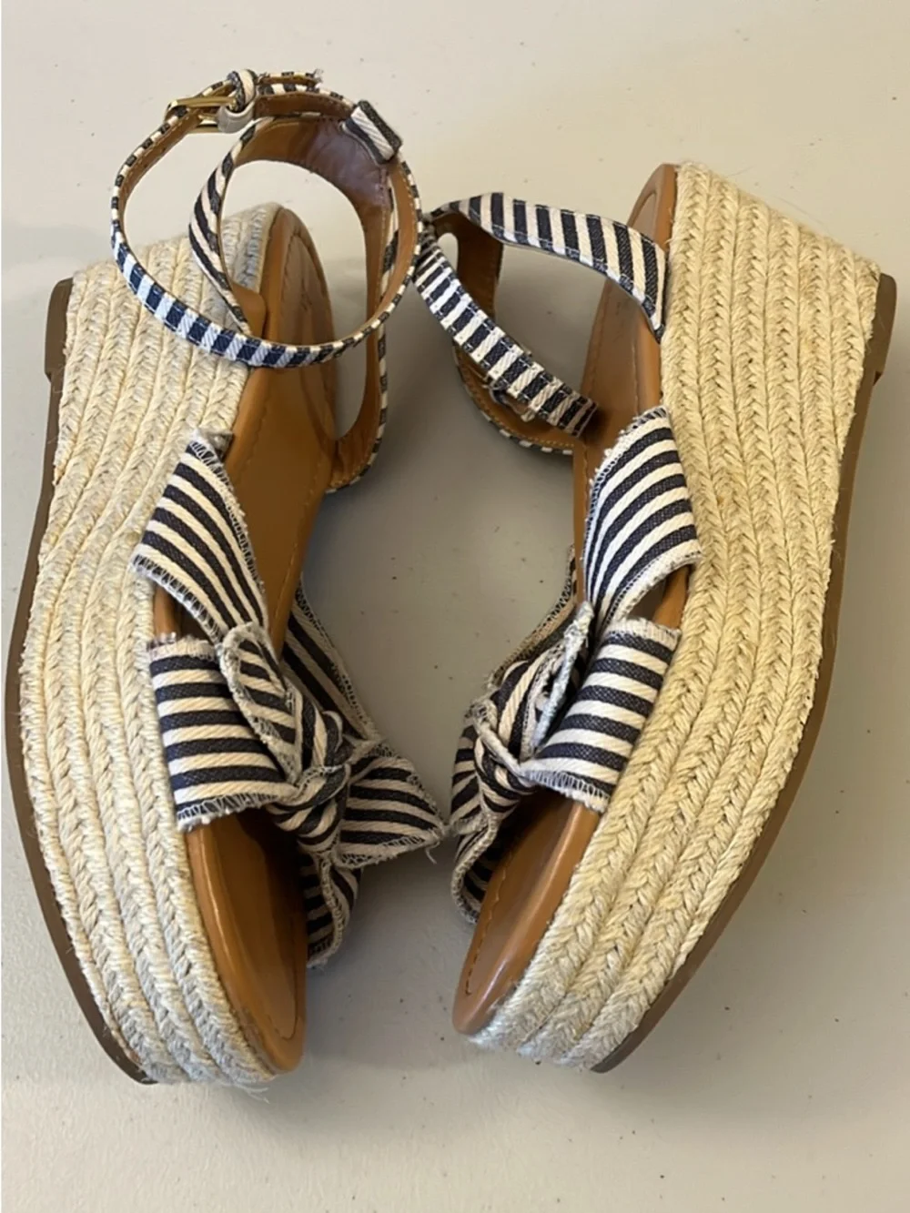 J. Crew Navy and White Striped Bow Espadrille Sandals